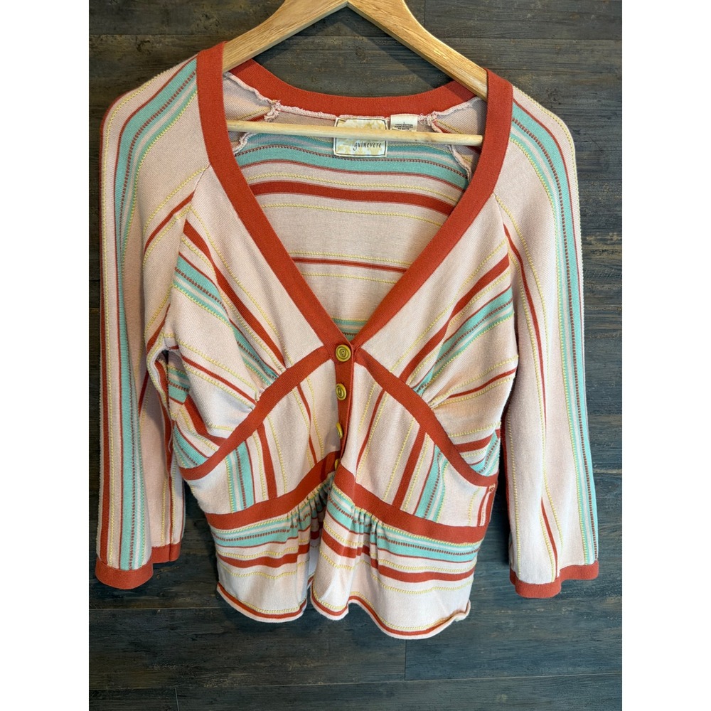 Guinevere Anthropologie Striped Cotton Knit Cardigan Pink Orange Teal Womens L